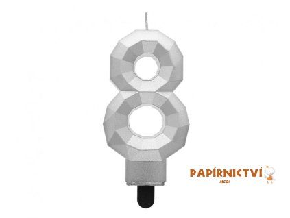 Svíčka číslo 8 - diamant, stříbrná metalíza, 7,6 cm
