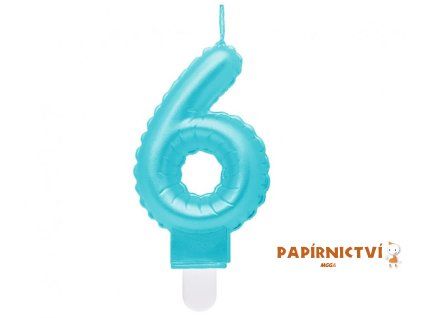 Svíčka číslo 6, perleťová světle modrá, 7 cm