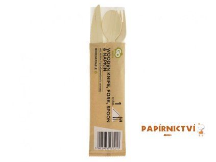 Eco kolekce - nůž, vidlička a lžíce (dřevěná) s ubrouskem, 1 sada