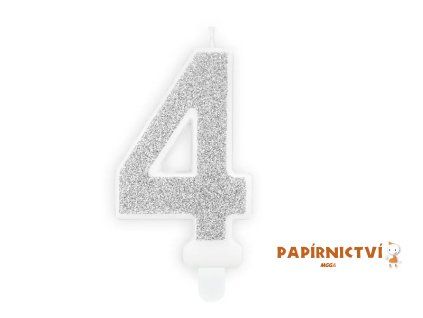Narozeninová svíčka číslo 4, stříbrná, 7cm