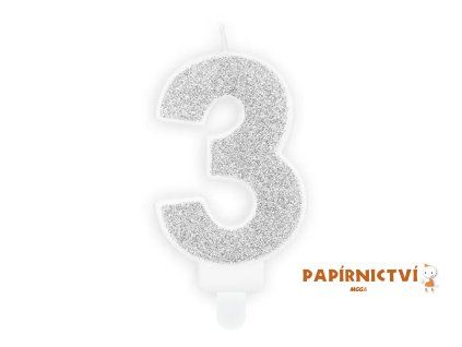 Narozeninová svíčka číslo 3, stříbrná, 7cm