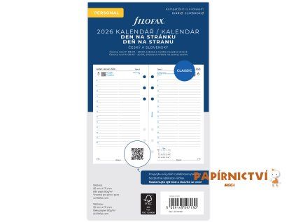 Filofax, kalendář 2026 osobní, den/ 1 strana, linky, ČJ+SJ