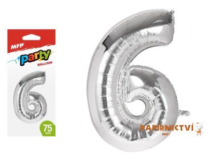 Balónek č. 6 nafukovací fóliový 75 cm - stříbrný 8000167