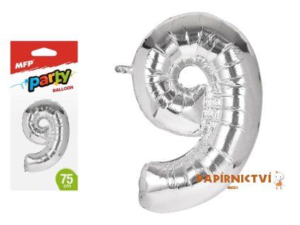 Balónek č. 9 nafukovací fóliový 75 cm - stříbrný 8000170