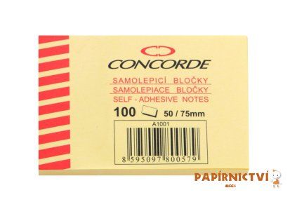 Samolepicí bloček CONCORDE 50 x 75mm, 100 listů, žlutá A1001